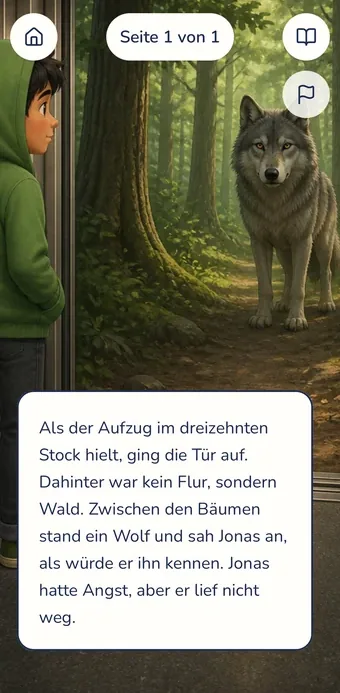Eine fertige Buchseite: das Bild füllt den Bildschirm, der Text steht darunter.
