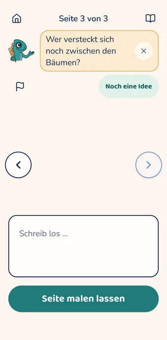 Klecks, das Chamäleon, stellt eine Frage zur Geschichte des Kindes.