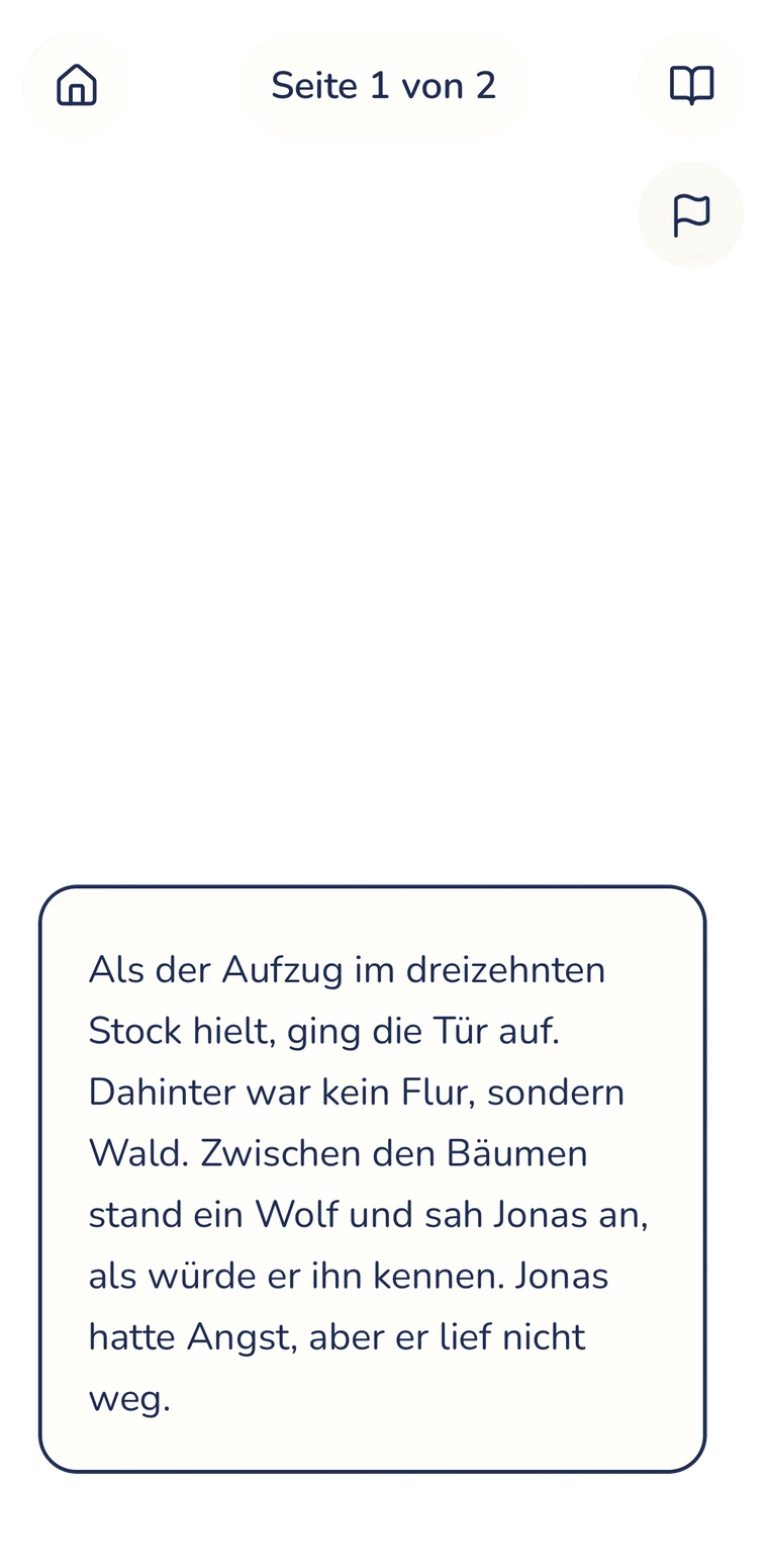 Eine Buchseite in der App: das Bild füllt den Bildschirm, der Text des Kindes steht auf einer Karte darunter.